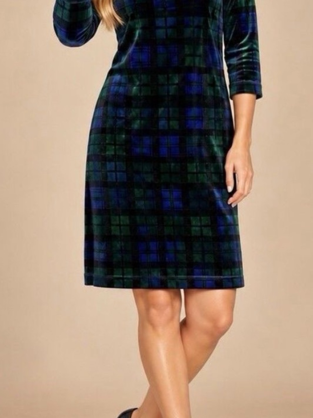 NWT Talbots Plaid Velvet Shift Dress in Green and Navy